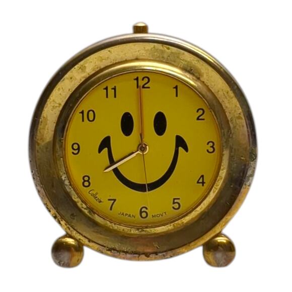 Vtg Small Smiley Face Happy Day Desk Clock Miniature 2" Brass Yellow - Picture 1 of 6